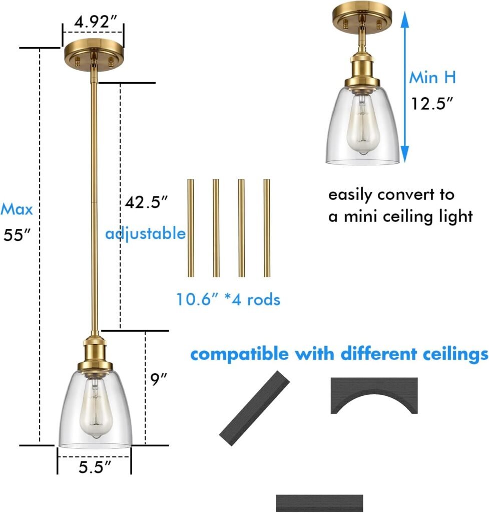 CLAXY Glass Pendant Lights Brass Mini Hanging Kitchen Island Light Fixture Dimmable Height Adjustable Lamp