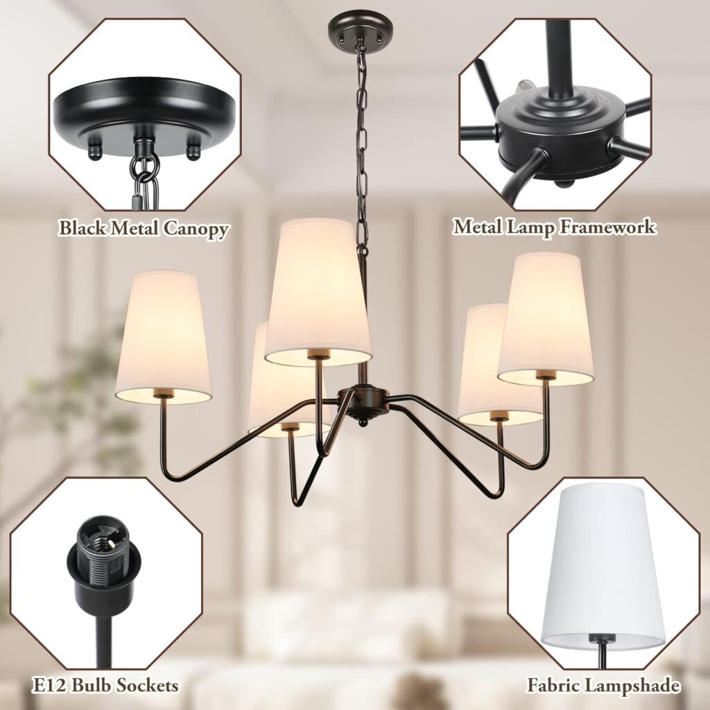 5-Light Modern Chandelier with White Shades, Classic Pendant Ceiling Light Fixture for Dining Room, 30” Black Chandelier with E12 Base Hanging Lamp for Living Room Hallway Bedroom, Height Adjustable