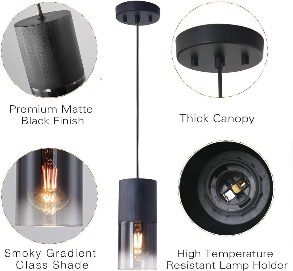 LINSEEDS 2-Pack Black Pendant Light Fixtures, Adjustable Modern Pendant Lights for Kitchen Island, Industrial Glass Pendant Lights for Dining Table Hallway Bedroom Living Room