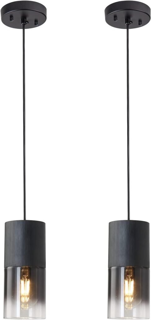 LINSEEDS 2-Pack Black Pendant Light Fixtures, Adjustable Modern Pendant Lights for Kitchen Island, Industrial Glass Pendant Lights for Dining Table Hallway Bedroom Living Room