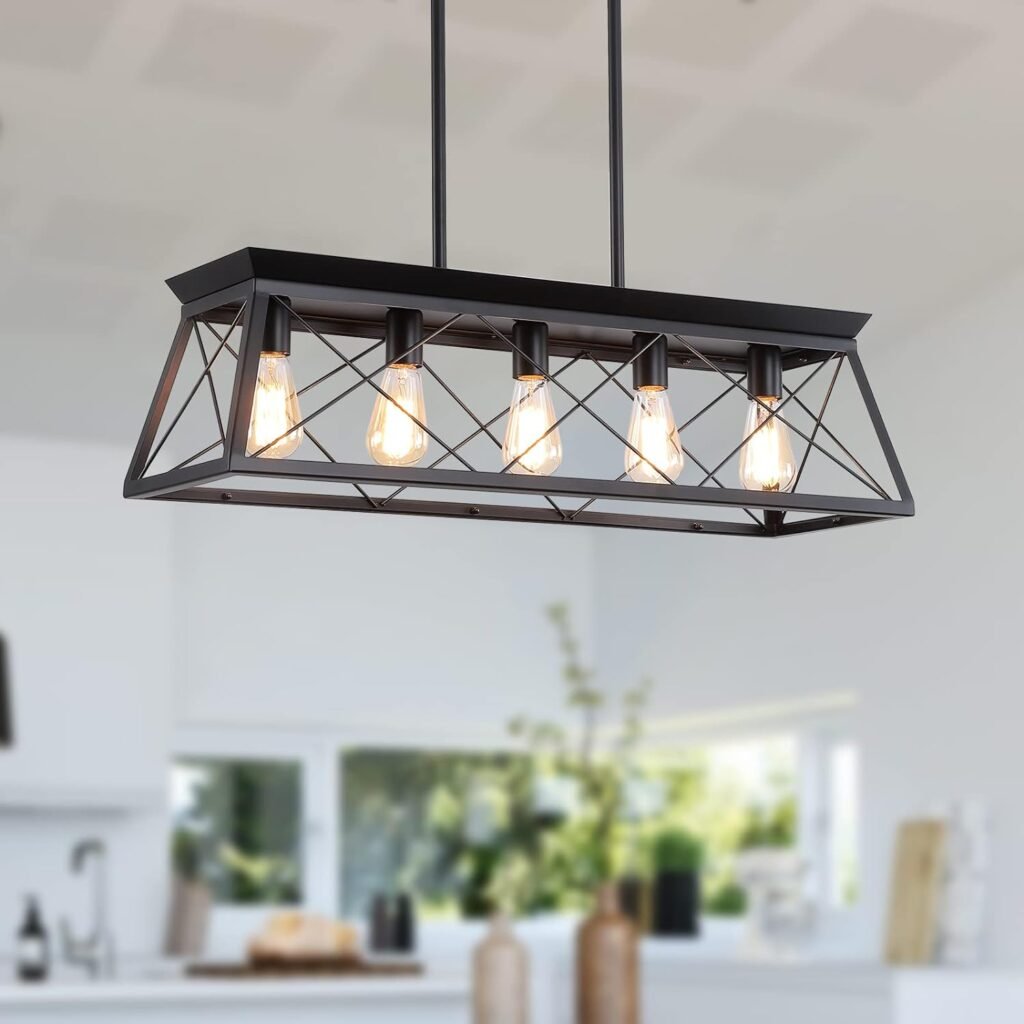 XIPUDA Farmhouse Chandeliers for Dining Room, Rustic Kitchen Island Light Fixture, 5-Light Linear Pendant Lighting Rectangular Chandelier, Metal Solid Ceiling Lights Black