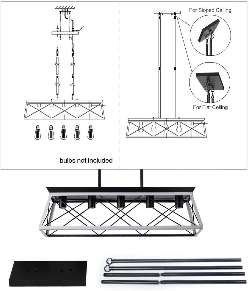 XIPUDA Farmhouse Chandeliers for Dining Room, Rustic Kitchen Island Light Fixture, 5-Light Linear Pendant Lighting Rectangular Chandelier, Metal Solid Ceiling Lights Black