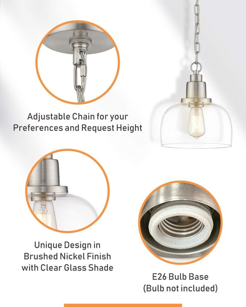 EAPUDUN Modern Farmhouse Pendant Light, 1-Light Industrial Hanging Light Fixture 9.3-inch, Brushed Nickel Finish with Clear Glass Shade, PDA1127-BNK