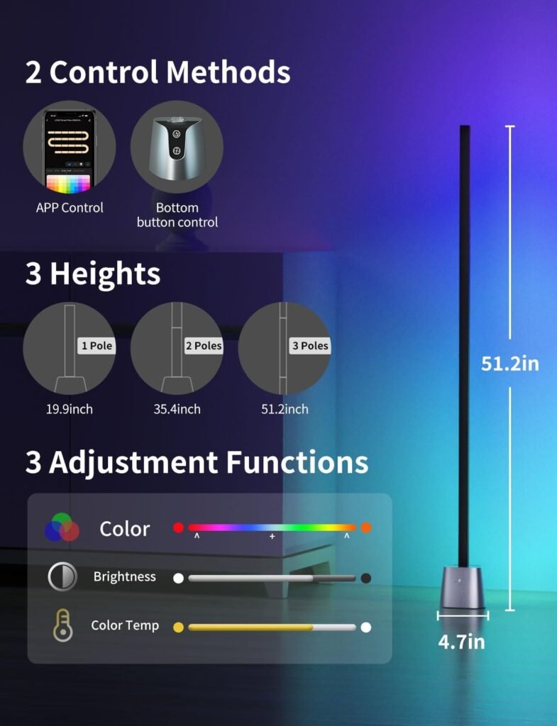 Fitop Corner Floor Lamp, Smart RGB LED Corner Lamp with App, 16 Million Colors  72+ Scene DIY Mode, Music Sync, Timer Setting，Voice Control, Ideal for Living Room, Bedroom, Gaming Room