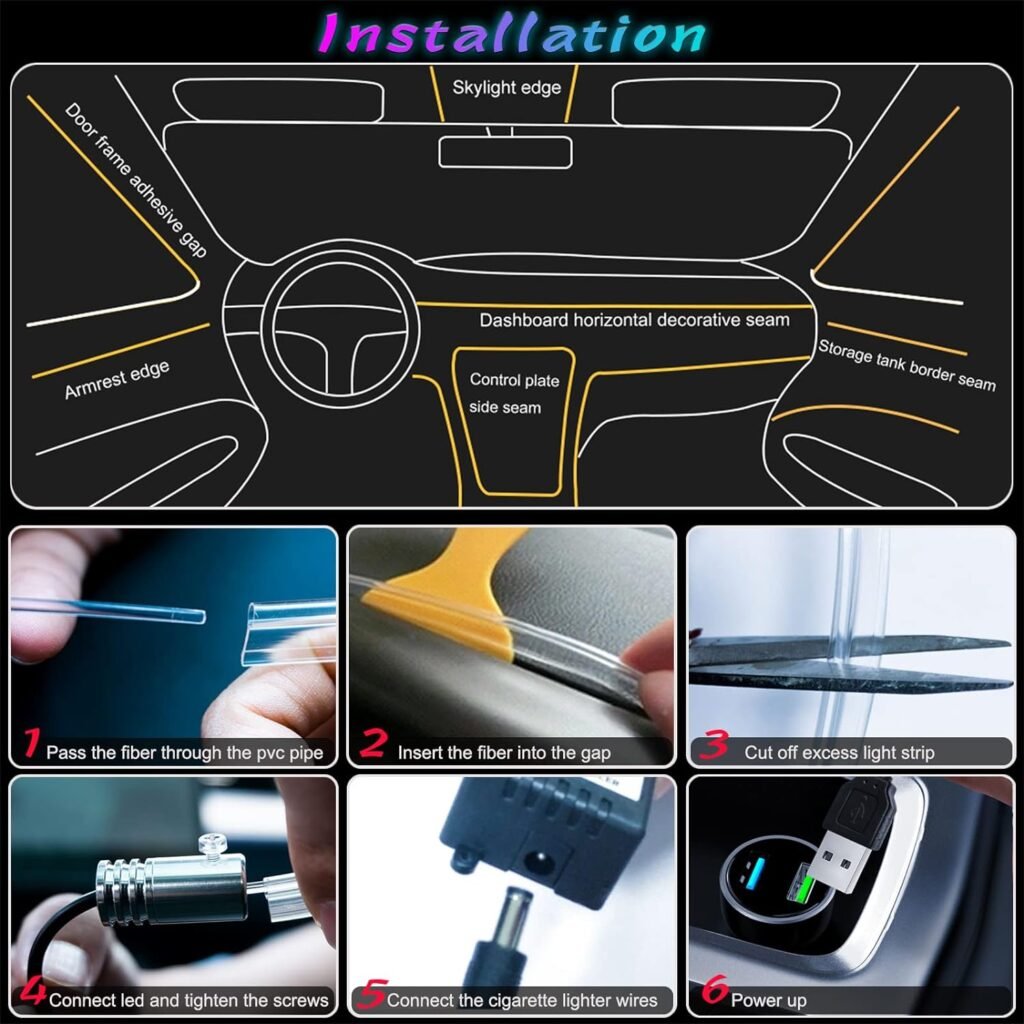 Interior Car LED Strip Lights with Wireless APP and Remote Control, RGB 5 in 1 Ambient Lighting Kits with 236 inches Fiber Optic, 16 Million Colors Car Neon Lights, Sync to Music