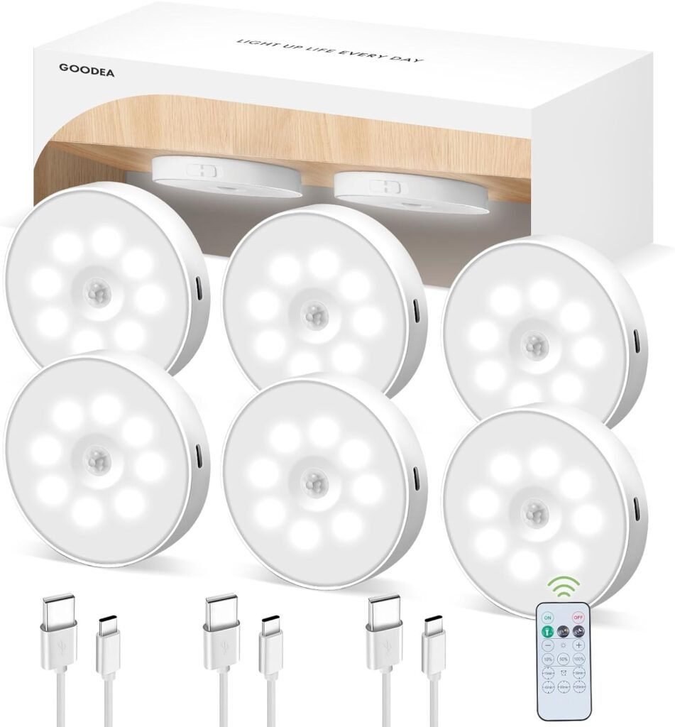 Led Under Cabinet Lights, Motion Sensor Rechargeable Light, 1000mAh Puck Lights with IR Remote, Under Counter Lights for Kitchen,cabinets,Closet,Stairs Indoor (6 Pack)