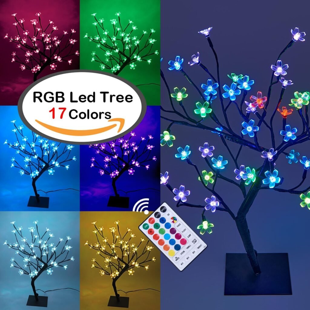 LIGHTSHARE 18 Inch Cherry Blossom Bonsai Tree, 48 LED Lights, 24V UL Listed Adapter Included, Metal Base, Warm White Lights, Ideal as Night Lights, Home Gift Idea