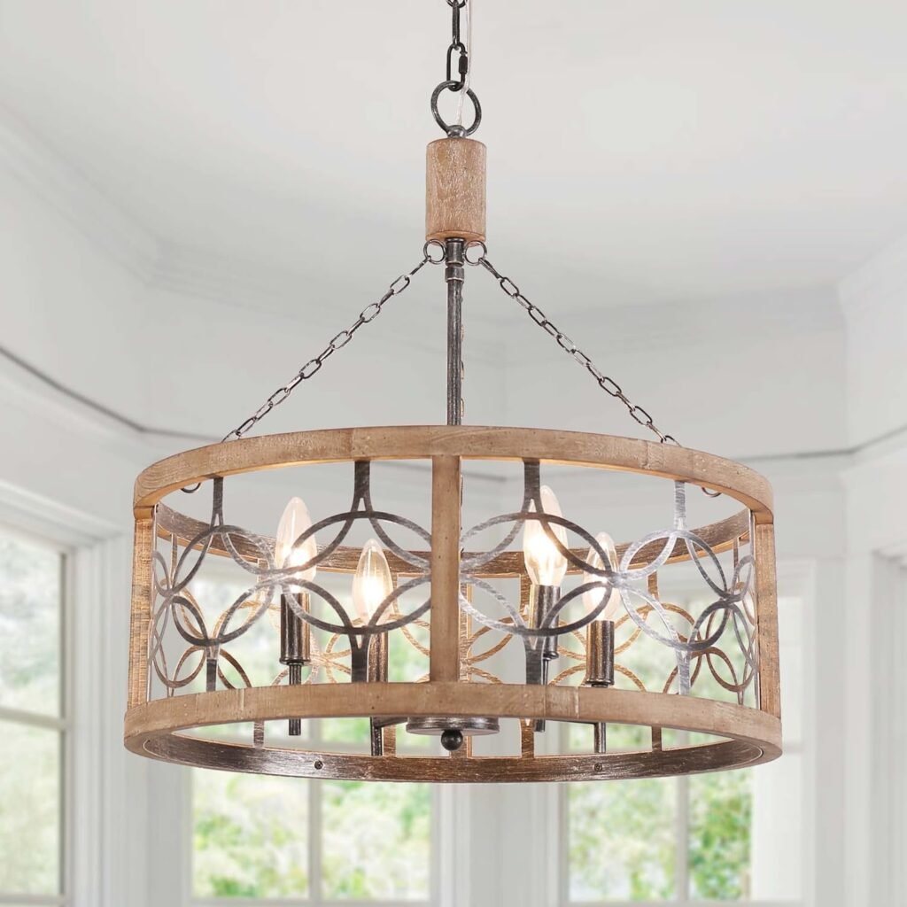 Dawn Whisper Farmhouse Chandelier, 15.7 Rustic Drum Chandelier Light Fixture Over Table, 5-Light Candle Wood Chandelier for Dining Room, Kitchen