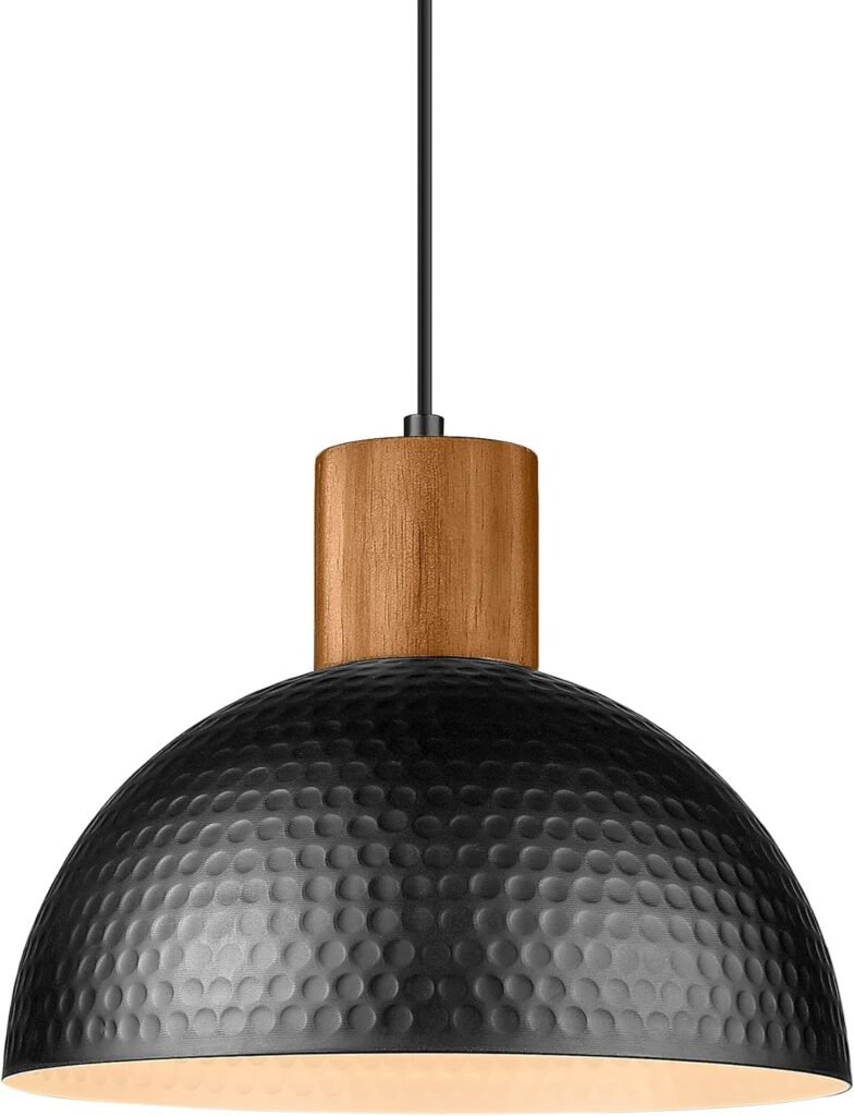 ELYONA Industrial Pendant Light, Rubber Wood Dome Hanging Lamp with 12 Hammered Metal Shade, Modern Pendant Light Fixtures for Kitchen Island, Bar, Farmhouse Dining Room, Bedroom, Hallway - Black