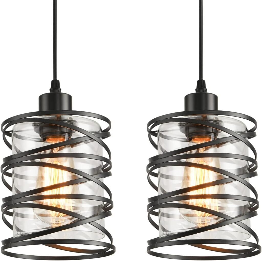 IHENGYANLT 2 Pack Black Spiral Cage Pendant Lights with Clear Glass Shade, Suitable for Kitchen Island, Dining Table, Entryway, Restaurant