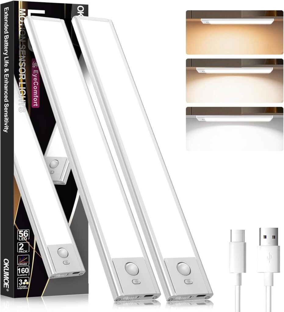 Okumoe Under Cabinet Lights, Premium LED Motion Sensor Under Cabinet Lighting, 3 Color Temperatures Closet Light for Wardrobe, Cupboard, Kitchen, 12 Wireless Rechargeable(2 Pack)