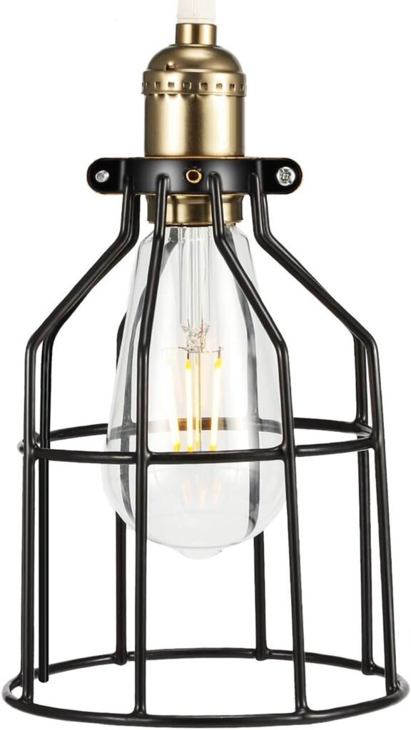 Simple Deluxe 1-Pack Adjustable Industrial Clamp on Metal Bulb Guard Cage for Pendant, Farmhouse Light Fixture, Vintage Lamp Shades and Hanging Lamp, Black