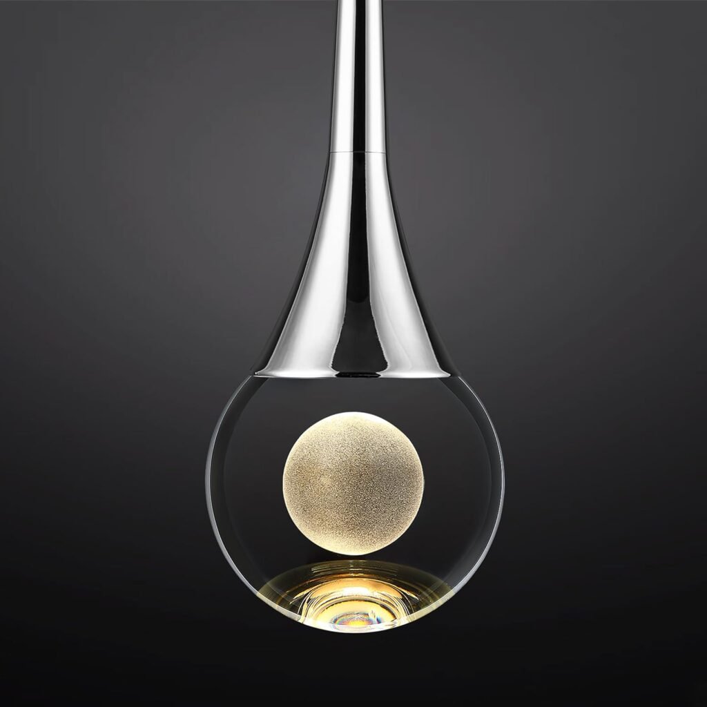 Untrammelife 1-Light Crystal Teardrop Pendant Light, Silver Modern Mini Globe Hanging Pendant Light Fixtures, 8W 3 Color Temperature Dimmable LED Pendant Lights Kitchen Island, Bathroom, Bedroom