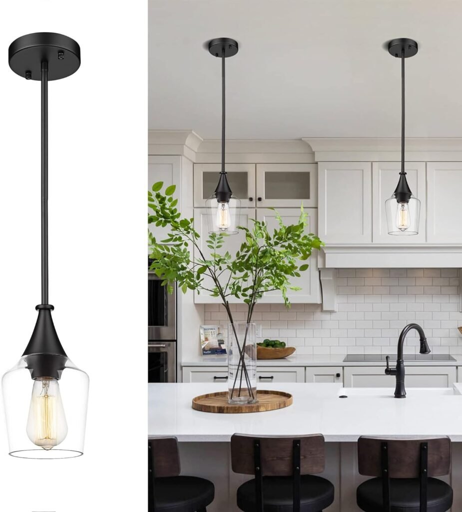 VICNIE Modern Pendant Light, 1-Light Black Hanging Light Fixtures with Wine Glass Shade, Adjustable Height, Pendant Lighting for Kitchen Island Dining Room