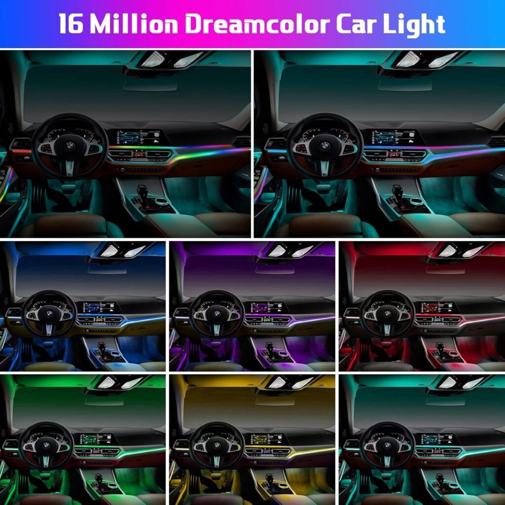 Car Interior Lights Car Lights, AMKI 10 in 1 Smart LED Car Ambient Light with APP Control, RGB Neon Car Lighting Car Accessories with DIY Mode and Music Mode, Acrylic Car LED Strip Lights with DC 12V