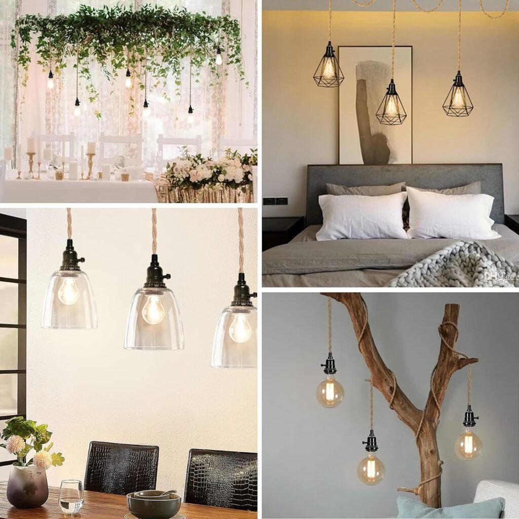 Pendant Light Cord Kit with Dimmer Switch, 28.5ft Dimmable Plug in Hanging Light with Triple E26 Base Light Socket, Vintage Twisted Hemp Rope Farmhouse Hanging Light Fixture for Bedroom Living Room