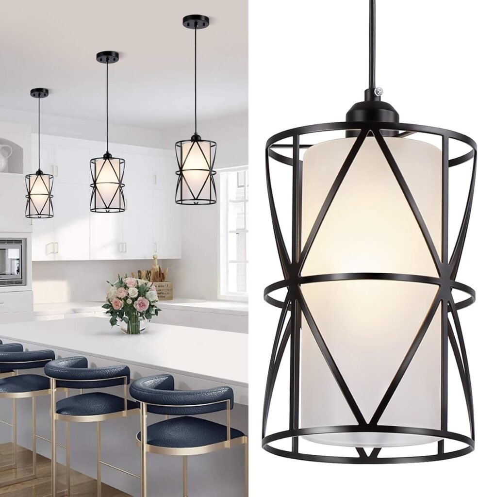 Pendant Lights with Frosted Glass, Matte Black Pendant Lighting Kitchen Island, Cylindrical Pendant Light Fixtures, Modern Kitchen Island Lighting, Pendant Light for Foyer, Entryway-Large