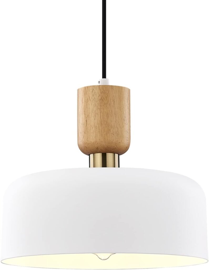 TeHenoo Modern Pendant Lighting,Large Pendant Lamp,Wood and Brass Accent,Adjustable Metal Pendant Light Fixture for Kitchen, Dining Room, White