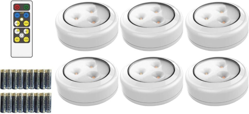 Brilliant Evolution Tap Light Push Lights 6pk w/Batteries + Remote, LED Stick On Lights Under Cabinets Battery Puck Lights with Remote - Under Counter Lighting Wireless Closet Kitchen Night Lights