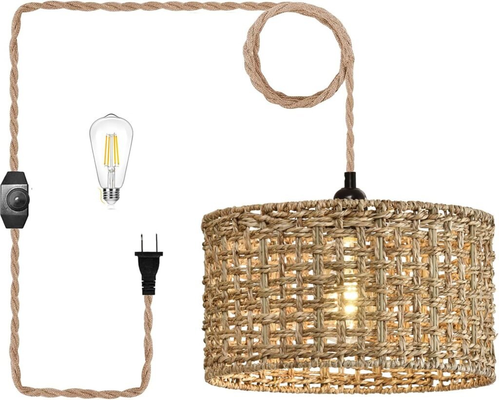 Plug in Pendant Light Hanging Lights with Plug in Cord,Dimmable Hand Woven Wicker Hanging Lamp,Boho Pendant Lamp with Rattan Shades,Farmhouse Rustic Plug in Light Fixture Decor for Living Room Bedroom