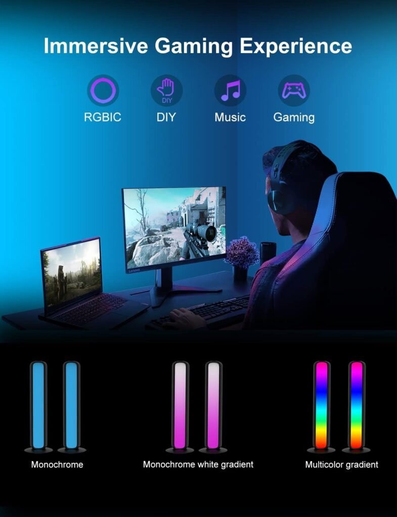 Smart LED Light Bars, RGBICW Gaming Lights with Scene and Music Sync Modes, RGB Light Bar Work with Alexa, Ambient Lighting for TV, Movies, PC, Room Decoration