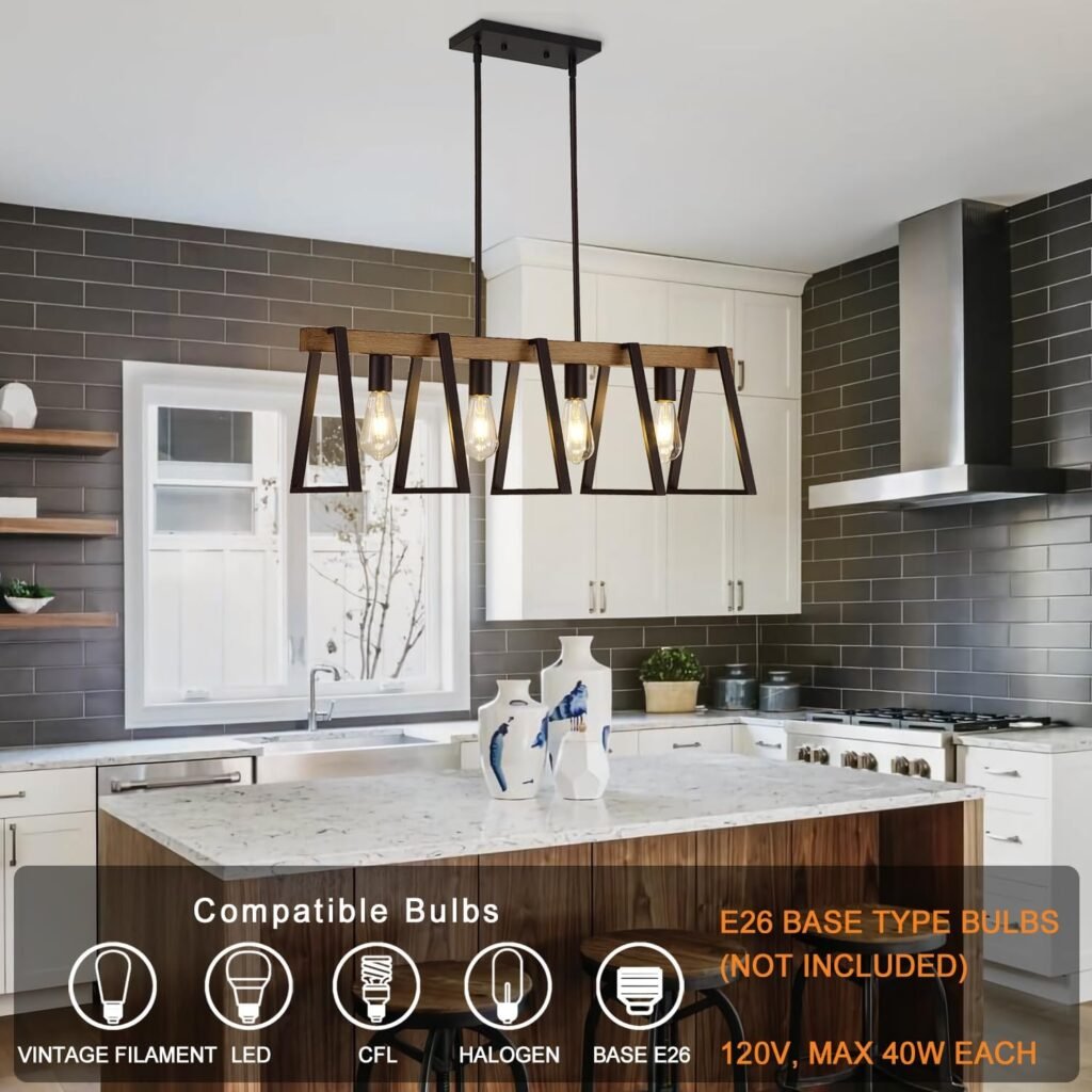 4-Light Kitchen Island Lighting Farmhouse Dining Room Light Fixture, 33.5 Linear Chandelier Adjustable Pendant Light Fixtures with Black  Warm Oak Wood Finish