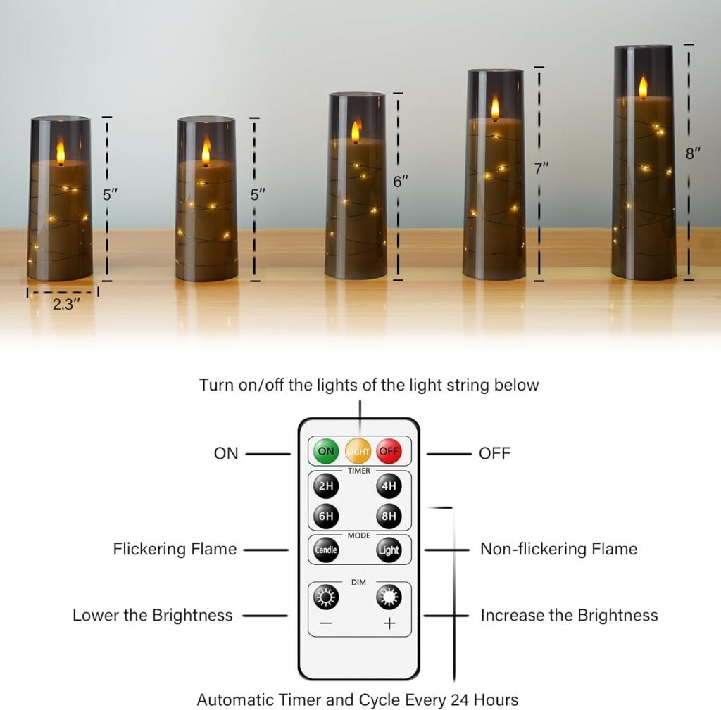 Flameless LED Candles with Timer 5 Pc Flickering Flameless Candles for Romantic Ambiance and Home Decoration Stable Acrylic Shell,with Embedded Star String，Battery Operated Candles（Grey）