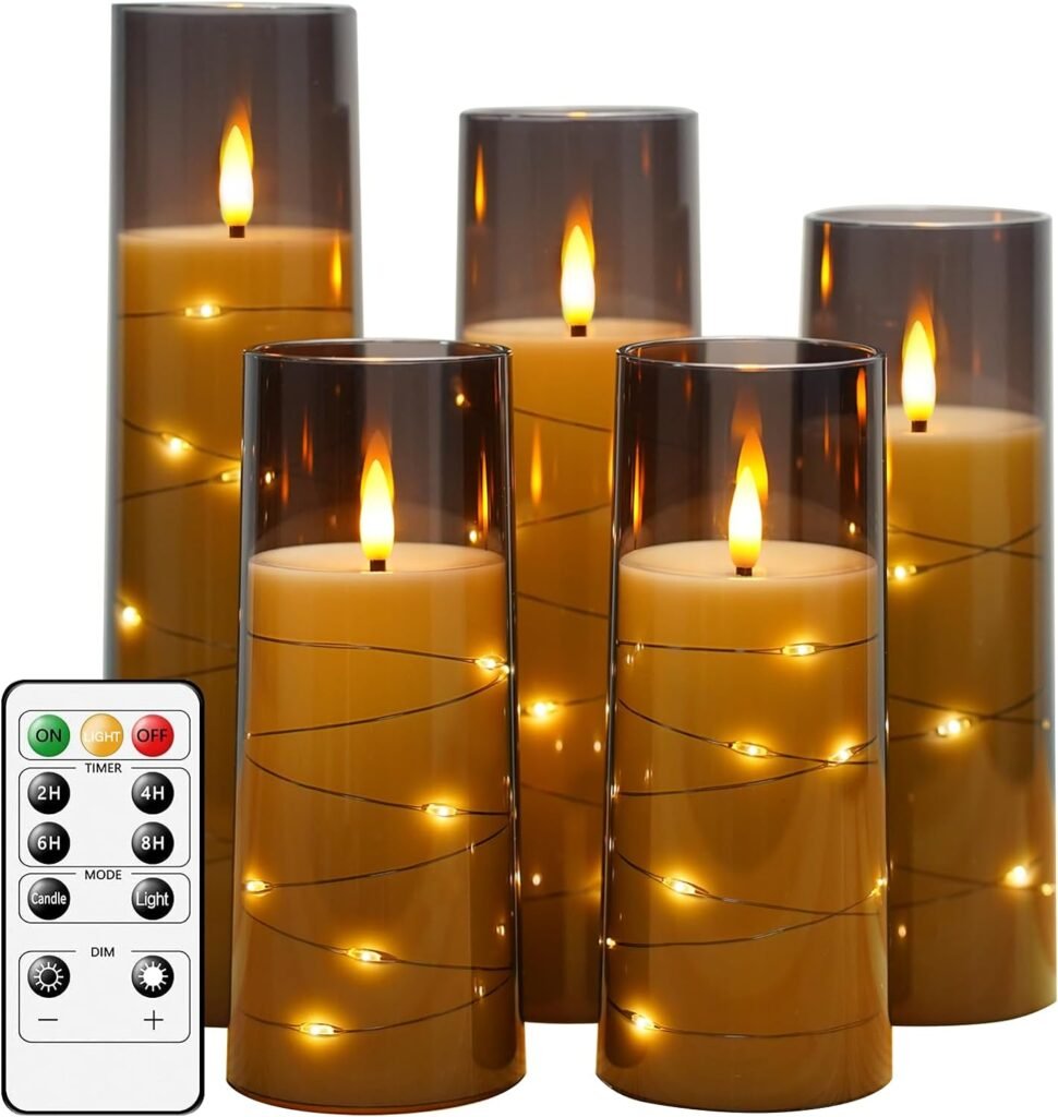 Flameless LED Candles with Timer 5 Pc Flickering Flameless Candles for Romantic Ambiance and Home Decoration Stable Acrylic Shell,with Embedded Star String，Battery Operated Candles（Grey）