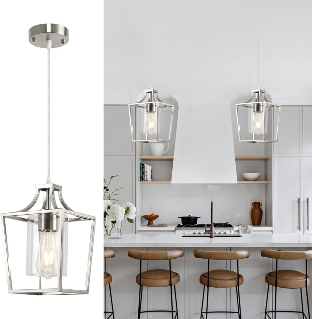 Lantern Pendant Light Fixture Brushed Nickel Pendant Lights for Kitchen Island with Clear Glass Shade, Adjustable Hanging Pendant Lighting for Dining Room Kitchen Foyer Hallway