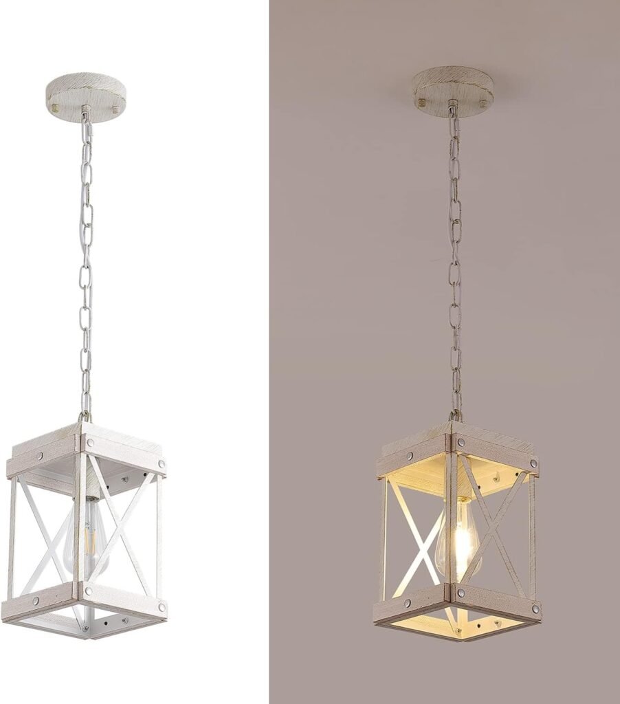 Modern Farmhouse Antique White Distressed Pendant Light with Wood and Metal Cage, One-Light Adjustable Chains Rustic Mini Pendant Lighting Fixture for Kitchen Island Cafe Bar