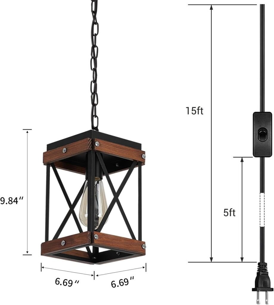 Modern Farmhouse Antique White Distressed Pendant Light with Wood and Metal Cage, One-Light Adjustable Chains Rustic Mini Pendant Lighting Fixture for Kitchen Island Cafe Bar