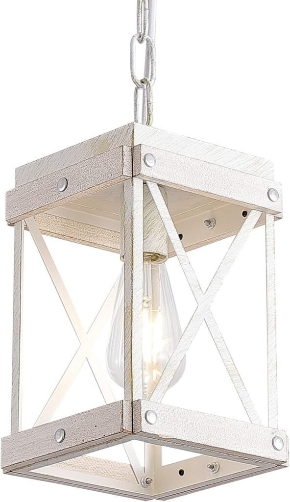 Modern Farmhouse Antique White Distressed Pendant Light with Wood and Metal Cage, One-Light Adjustable Chains Rustic Mini Pendant Lighting Fixture for Kitchen Island Cafe Bar