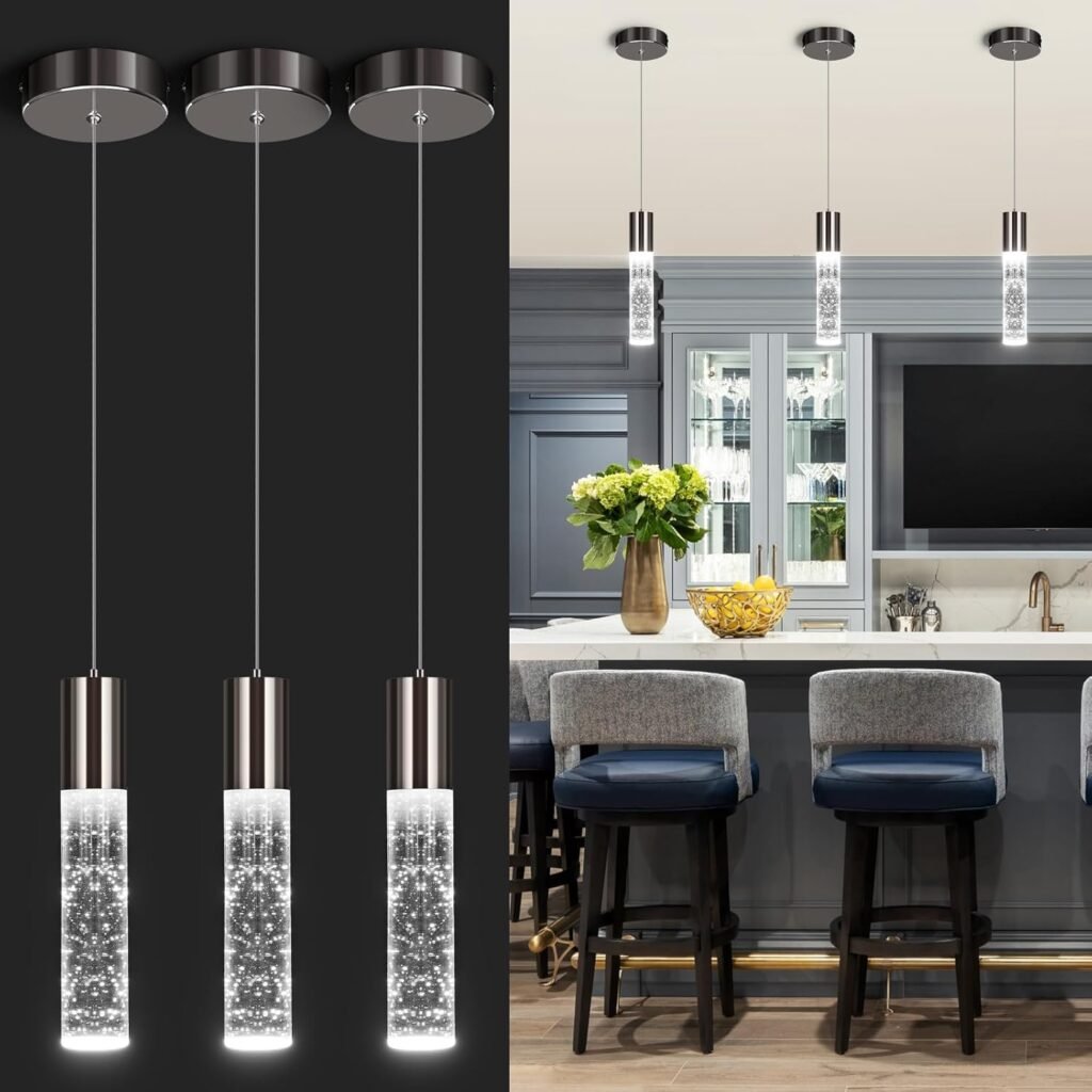 Modern Pendant Lights,LED Bubble Crystal Kitchen Island Light Fixtures,Chrome Mini Single Pendant Lighting for Kitchen Island,Bar,6W,6000K,ETL,3Pack