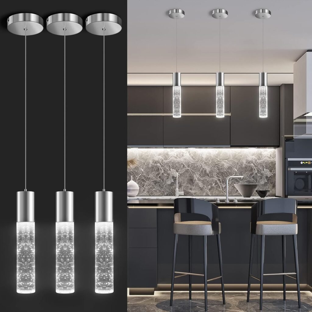 Modern Pendant Lights,LED Bubble Crystal Kitchen Island Light Fixtures,Chrome Mini Single Pendant Lighting for Kitchen Island,Bar,6W,6000K,ETL,3Pack