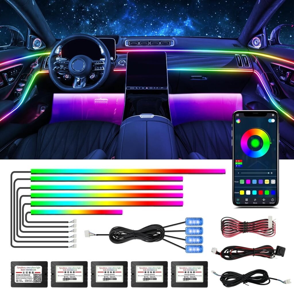 WEBUPAR Dreamcolor Acrylic Interior Car Lights, 18 in 1 RGB Car LED Strip Lights with APP Control and 213 Color Modes, Car Accessories Car Decorative Lights, Neon Car Ambient Lighting Kits